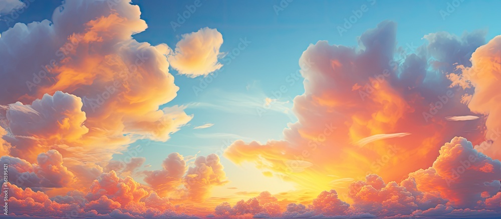 Poster vibrant yellow and orange clouds contrasting with the colorful blue sky, creating a picturesque scen