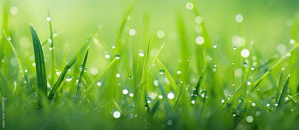 Poster a stunning spring or summer close-up macro photo showcasing fresh green grass on a meadow with dew d