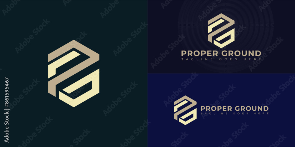 Poster abstract initial hexagon letters pg or gp logo in gold color isolated on multiple background colors.