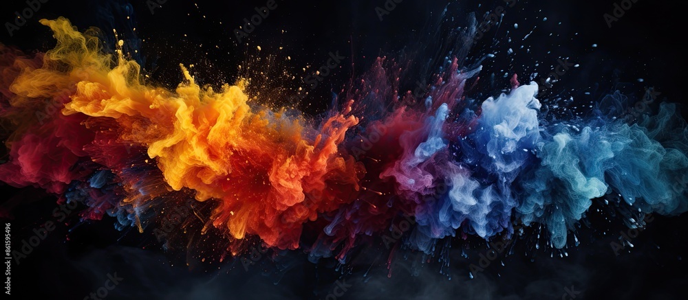 Aufkleber Dynamic burst of colorful powder frozen in motion against a dark backdrop with black glitter, creating an abstract and visually stunning copy space image.