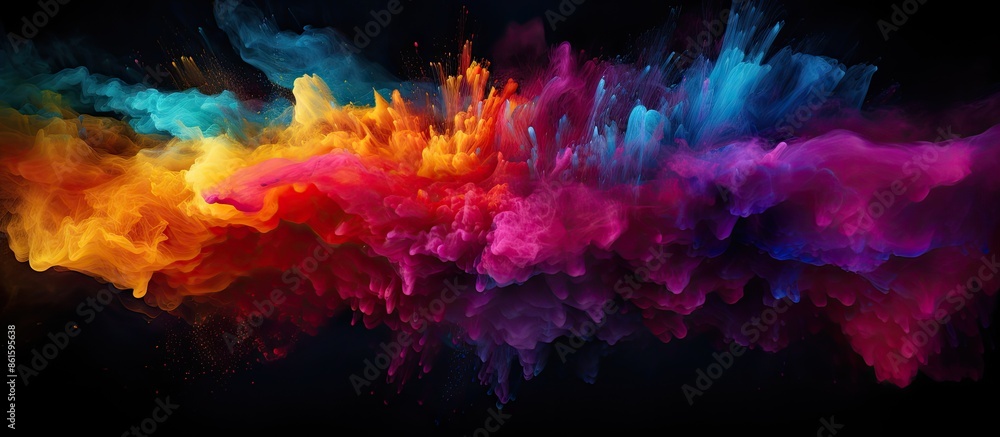 Poster Dynamic burst of colorful powder frozen in motion against a dark backdrop with black glitter, creating an abstract and visually stunning copy space image.