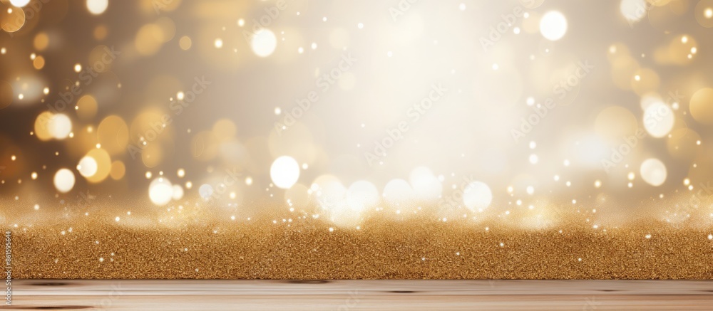 Poster Abstract golden bokeh backdrop with a white textured wooden surface providing ample copy space image for text placement.