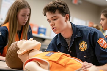 Students practice CPR on a mannequin during a medical training class, learning lifesaving skills.