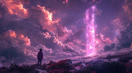 Fototapeta premium A kid standing in front of the glowing purple