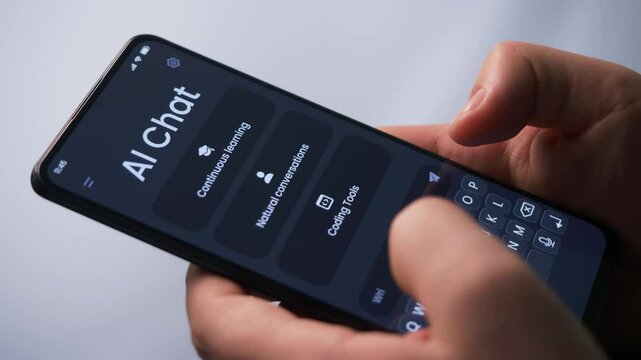 Coder using AI chat bot as programming aid. Artificial intelligence writes PHP code and helps human at his work. Fictional Interface.