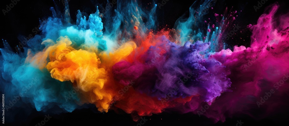 Poster Dynamic burst of colorful powder frozen in motion against a dark backdrop with black glitter, creating an abstract and visually stunning copy space image.