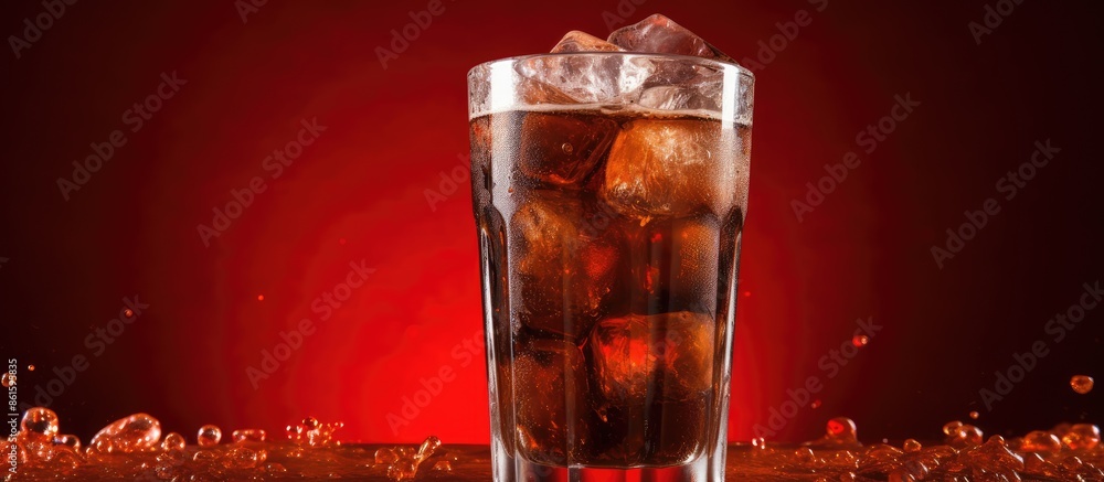 Poster brown fizzy soda. chilled sweet cola with ice on red backdrop, featuring copy space image.