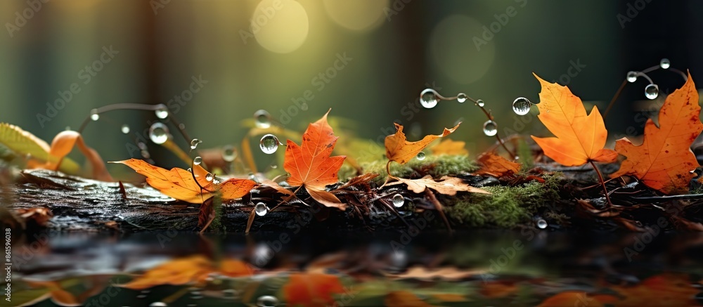 Leinwandbilder autumn-inspired scene featuring stunning orange leaves in the forest with water droplets, creating a