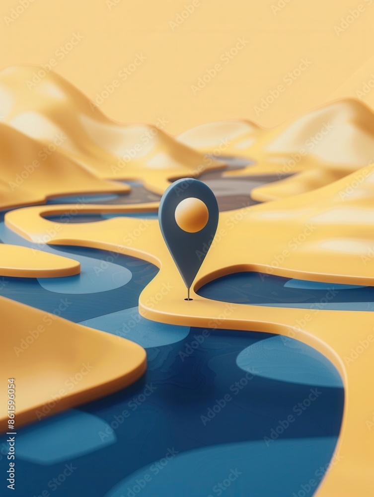 Leinwandbilder a modern blue and yellow location pin on an abstract map with stylized terrain in yellow and blue co