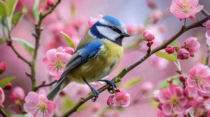 Blue tit bird sitting on a cherry blossom tree