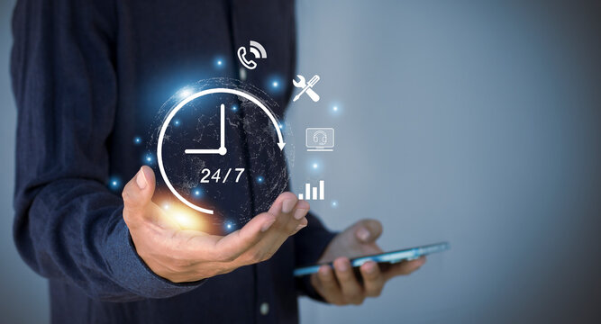 24 hour service online store concept After-sales service in 24h online service with 24h access to global customer service.	