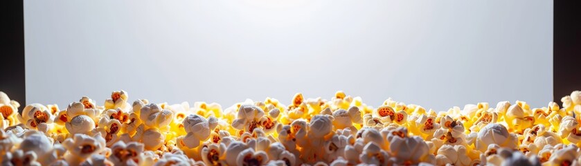 Outdoor movie screen with popcorn, white background, rule of thirds, copy space