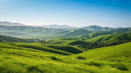 Naklejka premium Serene landscape featuring rolling green hills under a clear blue sky