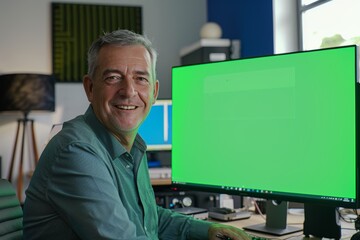 Digital mockup over a shoulder of a mature man in front of a computer with an entirely green screen