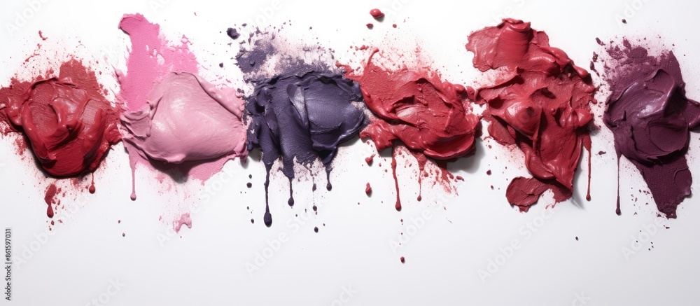 Poster Assorted lipstick smudges creating a textured cosmetic concept on a white backdrop for copy space image.