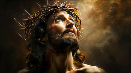 Jesus Christ Looking Up with Crown of Thorns