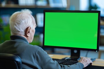 Digital mockup over a shoulder of a mature man in front of a computer with an entirely green screen