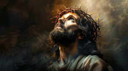 Jesus Christ Looking Up with Crown of Thorns