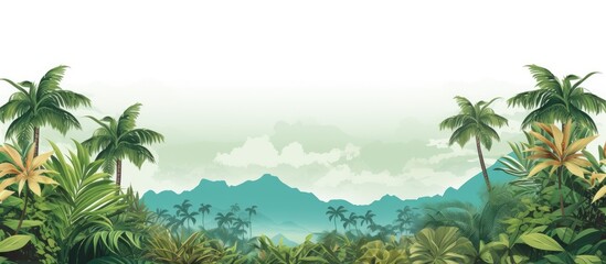 Close-up image featuring a tropical landscape with lush palm trees and verdant vegetation in the foreground, perfect for copy space inclusion.