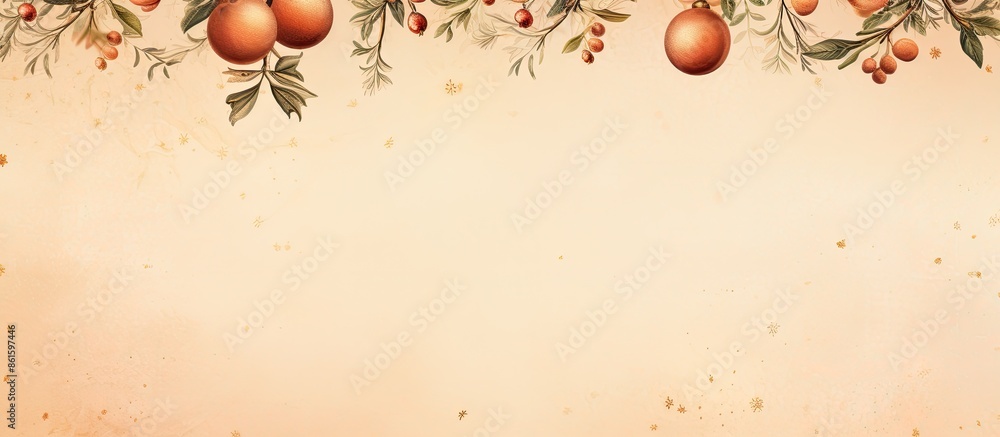 Aufkleber Top-down view of a Christmas-themed border with golden ornaments on a Peach Fuzz background, designed with space for inserting an image. with copy space image. Place for adding text or design