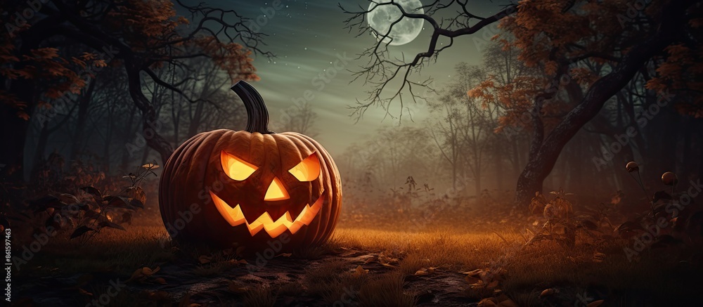 Aufkleber horror background with a pumpkin jack o'lantern on grass in front of a spooky forest at night, embod