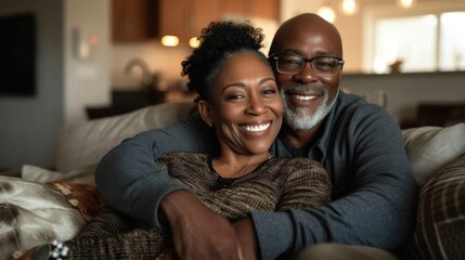 Obraz premium A cheerful mature couple sitting together on a cozy sofa at home
