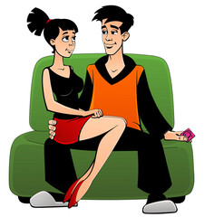 A guy and a girl are hugging on the sofa. Protected sex.