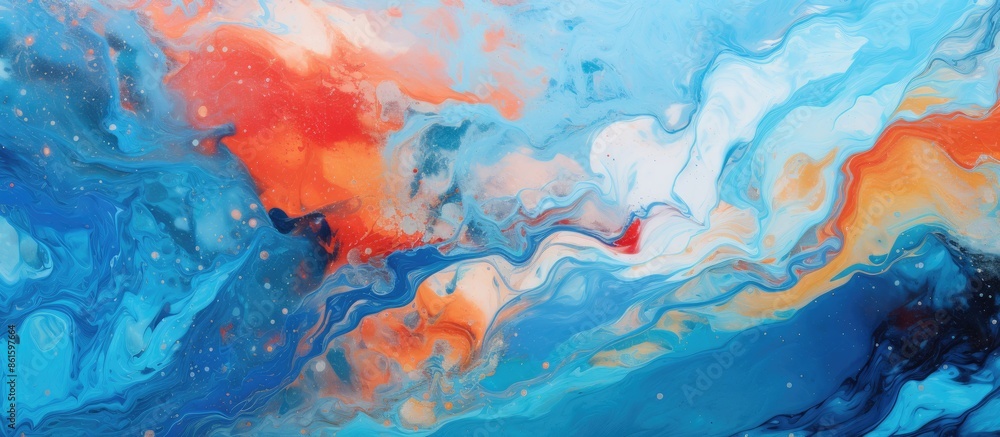 Poster ebru art creates a colorful abstract background with paint stains on water, ideal for copy space ima