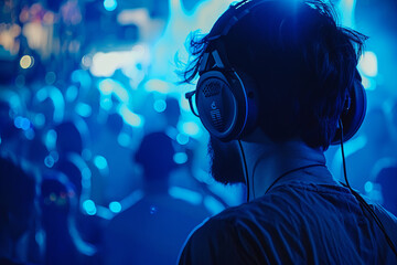 DJ with headphones at night club party under the blue light and people crowd in background