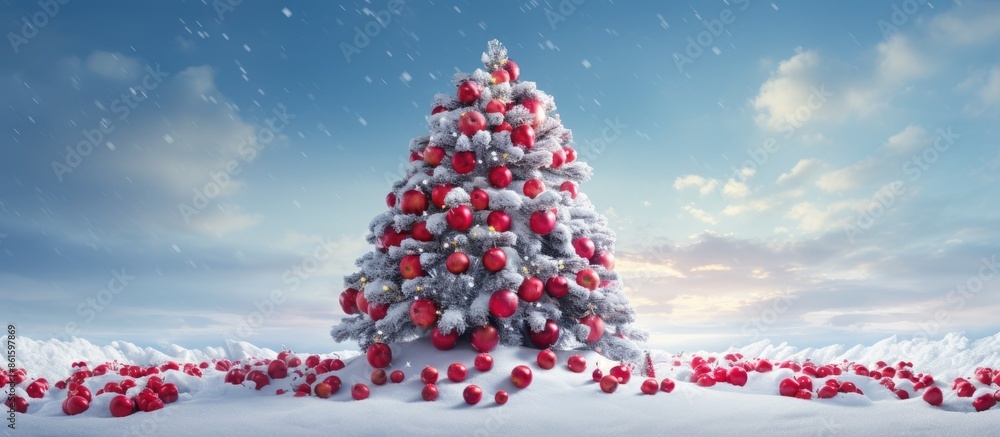 Poster A festive Christmas scene with a red tree crafted from berries and apples atop snow, creating a picturesque setting with copy space for an image.