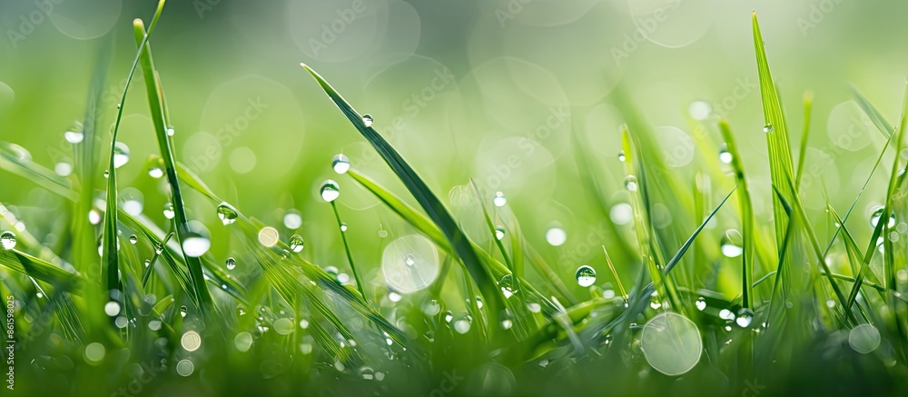 Poster a stunning spring or summer close-up macro photo showcasing fresh green grass on a meadow with dew d