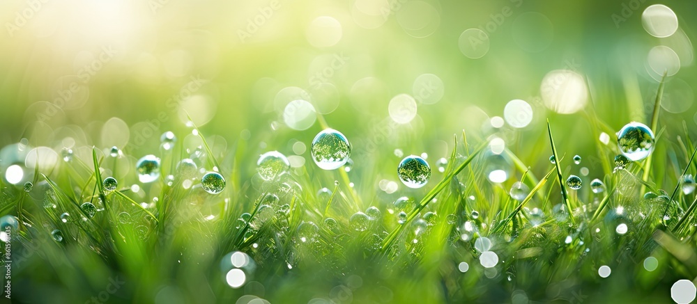 Poster Soft focus on dew-covered lush green grass backlit by sunlight, creating sparkling bokeh balls with background blur, ideal as a copy space image.