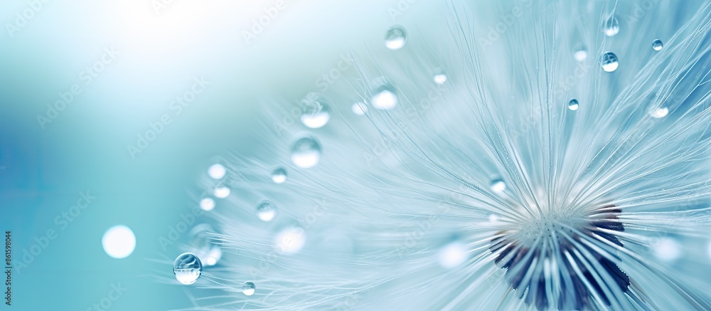 Poster Macro photo of dew drops on a dandelion seed with a soft blue backdrop, resembling water droplets on a dandelion parachute. Features circular abstract background with soft focus. Includes copy space