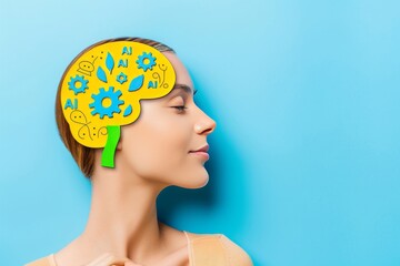Creative AI concept with a human head and brain patterns on a light blue background, symbolizing the integration of artificial intelligence in human cognition