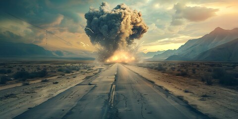 A Retro-style Road Leading to a Massive Nuclear Bomb Detonation. Concept Retro Aesthetics, Eerie Landscapes, Nuclear Threat, Post-Apocalyptic Vibes, Danger Ahead