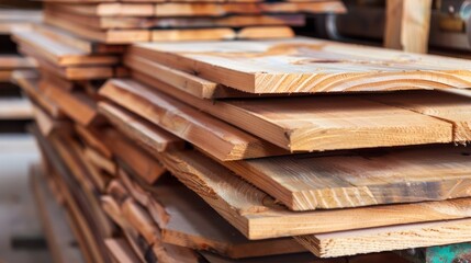 Obraz premium Stacked Wooden Boards in a Woodworking Industry
