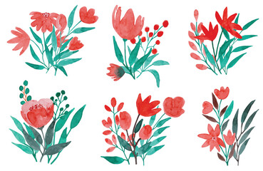 Floral watercolor bouquet decoration collection. Botanic, bouquet, flowers, green leaves, for greeting card, wedding, greetings, wallpapers, invitations. Illustration isolated on background