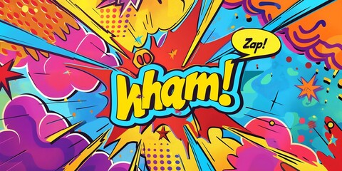 Comic Burst Patterns Dynamic pop art background with explosive burst patterns, bright colors, and comic-style text elements like