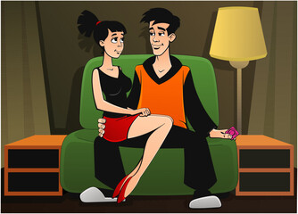 A guy and a girl are hugging on the sofa. Protected sex.