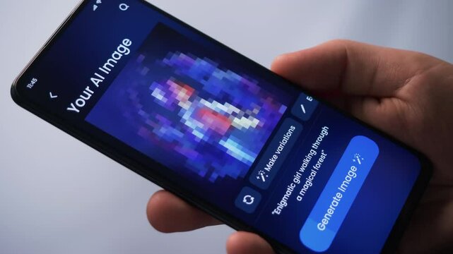 Generating an image with AI tool. Generative art from a text prompt on artificial intelligence app. Fictional Interface.