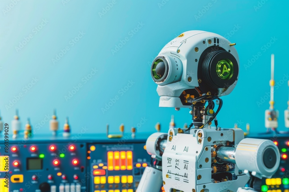 Aufkleber ai powered robot with green eye in a high tech environment, showcasing advanced robotics and artific