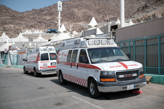 General view of ambulance cars on stand by in Mina, Saudi Arabia for transporting pilgrims to nearest health clinic or hospital.