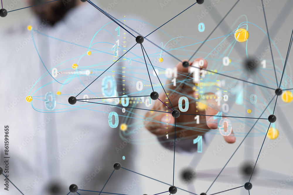Poster Global network. Blockchain. 3D illustration. Neural networks and artificial intelligence. Abstract  3d