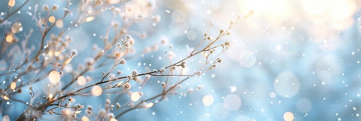 Winter scene snowfall in the woods. Christmas background. Winter forest, glowing snowflakes. Pine branches with rime hoarfrost. Xmas lights bokeh. New Year time in december. Snowy vibe. Frosty evening