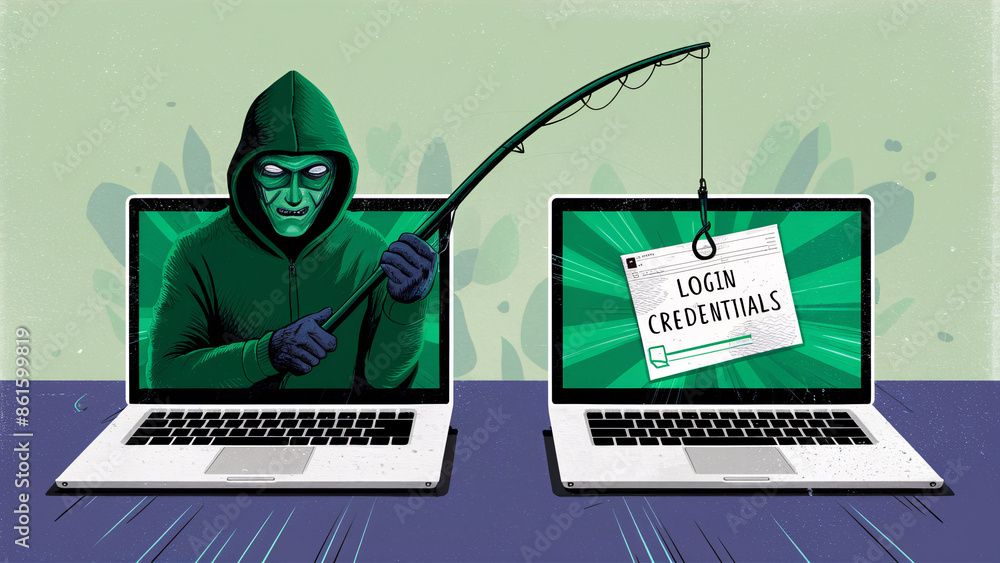 Poster vivid illustration of hacker phishing for login credentials between connected laptops with green bac