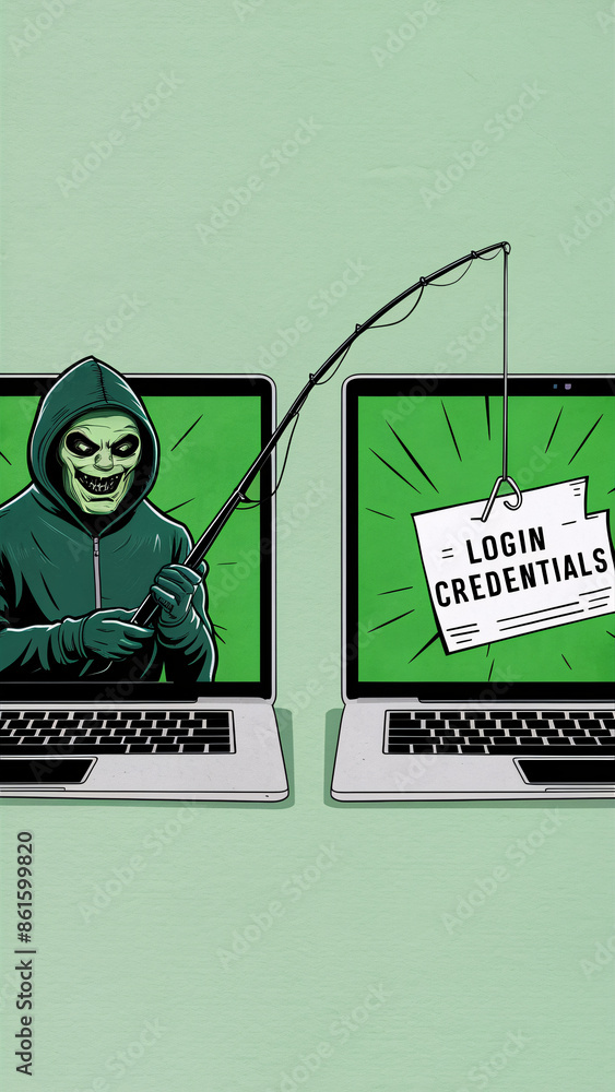 Poster sinister hacker phishing for login credentials between laptops with green background