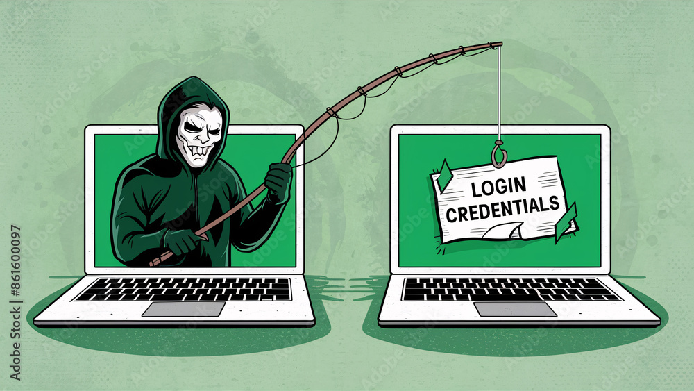 Poster grim hacker phishing for login credentials between laptops with green background