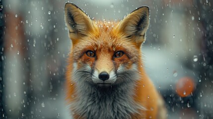 Fototapeta premium A close-up portrait of a fox in falling snow, set against a background of soft-focus bokeh lights, emphasizing its alert expression and wintry ambiance.