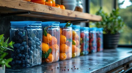 An organized arrangement of a variety of fresh fruits including berries, oranges, and cherries in transparent containers placed on a kitchen counter, promoting healthy eating.