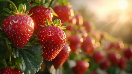 Image of ripe strawberries glistening with morning dew, captured in a field under the golden rays of sunlight, highlighting their vibrant color and freshness.